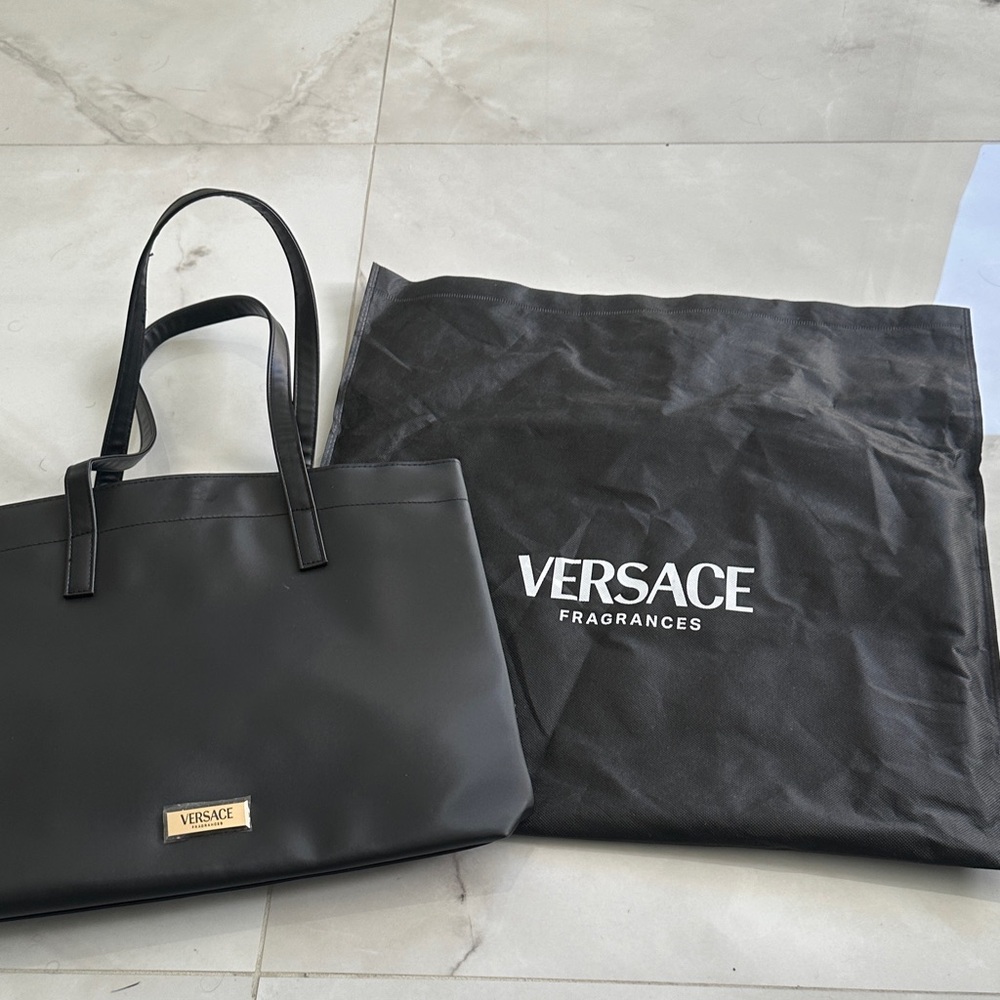 Versace Black Tote with Gold Logo Plaque